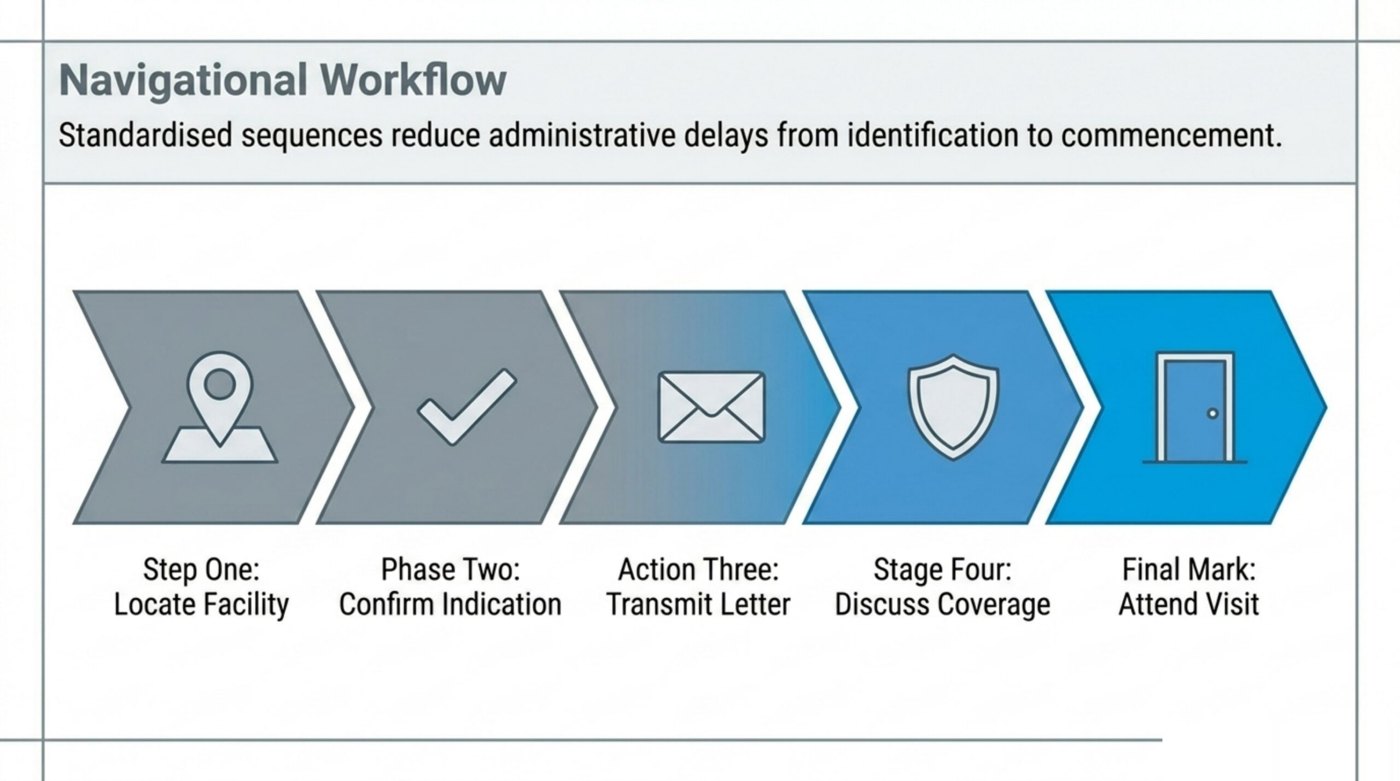 The Canadian HBOT referral pathway in five steps: locate a facility, confirm the indication, transmit the referral letter, discuss coverage, and have the patient attend the assessment visit.