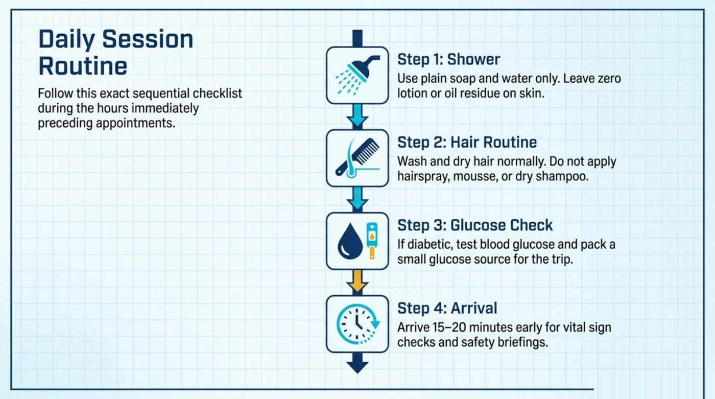 Morning-of routine: shower with plain soap and water only (no lotion or oil residue), skip hairspray and styling products, check blood glucose and pack a glucose source if diabetic, and arrive 15 to 20 minutes early for vital-sign checks and the safety briefing.