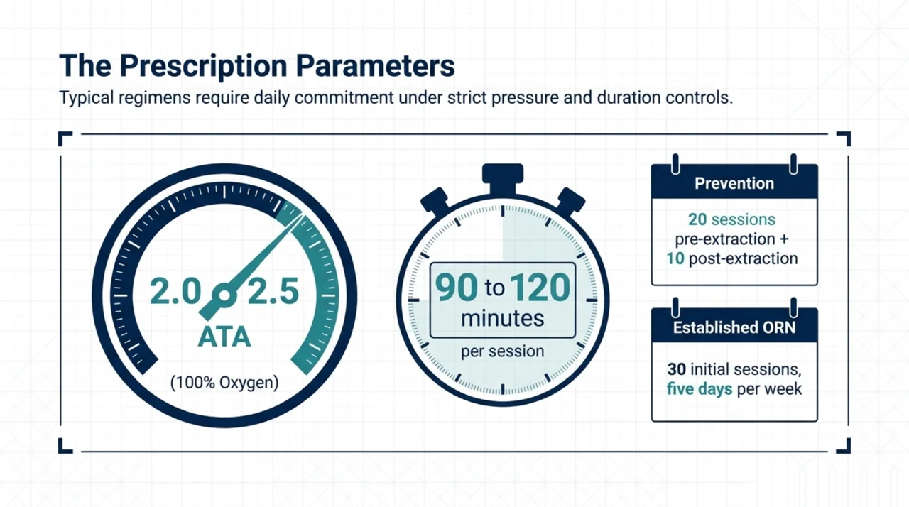 Typical HBOT prescription parameters for ORN: 2.0 to 2.5 atmospheres absolute, 90 to 120 minutes per session on 100 percent oxygen, 20 sessions before and 10 after dental extraction for prevention, and 30 initial sessions for established ORN at five days per week
