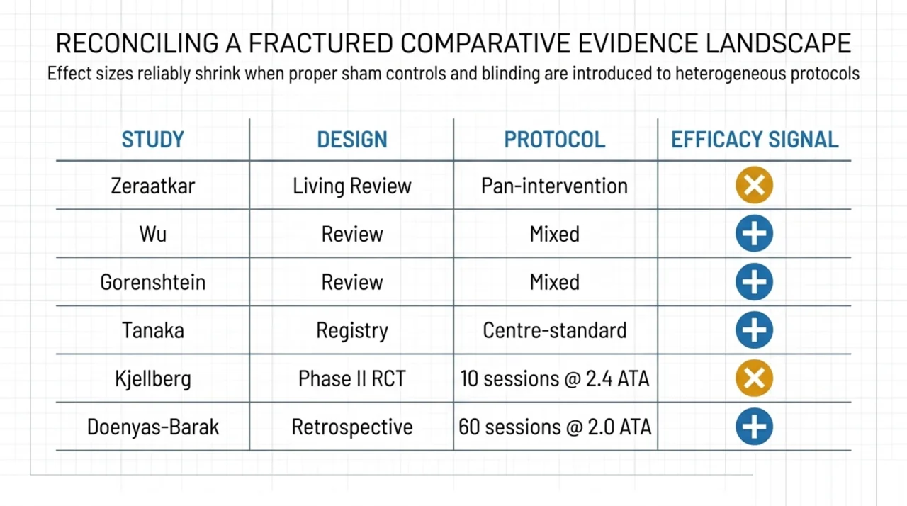 Comparative table of HBOT long COVID studies by design and efficacy signal, showing positive signals in reviews and registries but none in the rigorous Kjellberg RCT