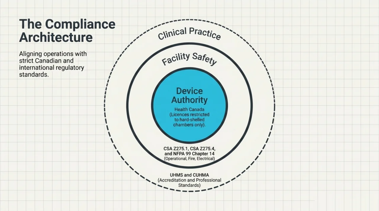 Concentric compliance architecture showing Health Canada device licensing, CSA Z275.1 and NFPA 99 facility safety, and UHMS and CUHMA clinical standards