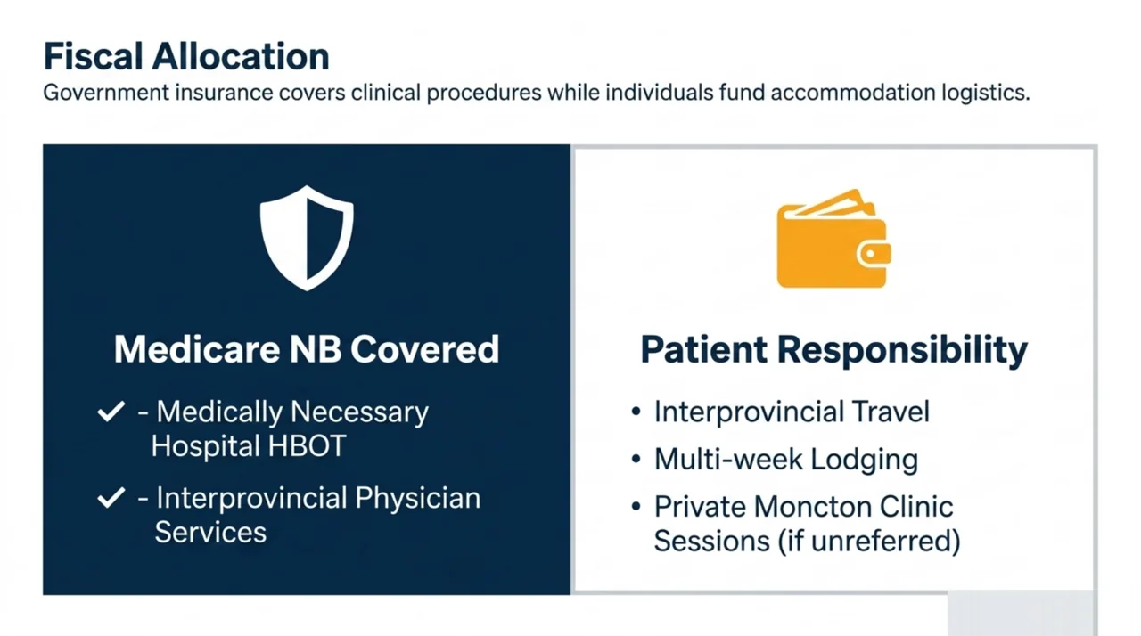 Medicare NB covers medically necessary hospital HBOT while patients cover travel, lodging, and any private sessions