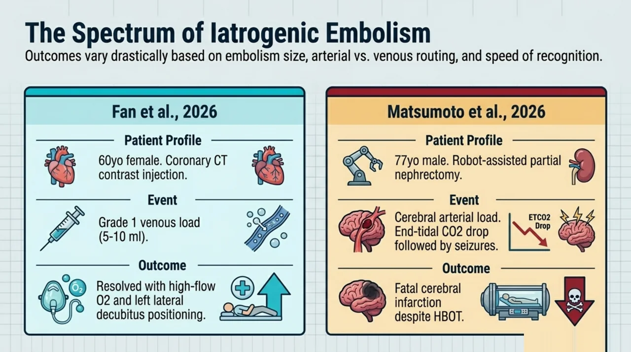Two 2026 case studies of iatrogenic gas embolism contrasting a venous load that resolved with oxygen and positioning against a fatal cerebral arterial embolism despite hyperbaric treatment.