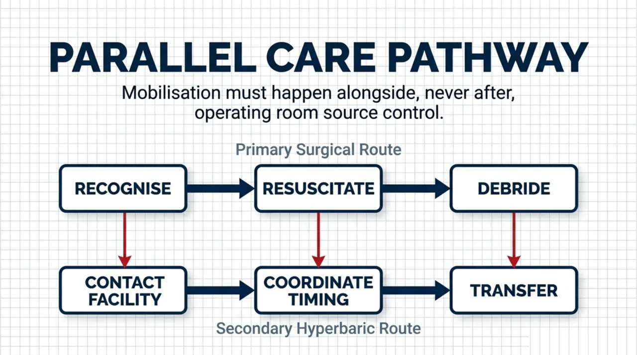 Parallel-care pathway showing hyperbaric referral running alongside, never after, primary surgical source control and debridement.