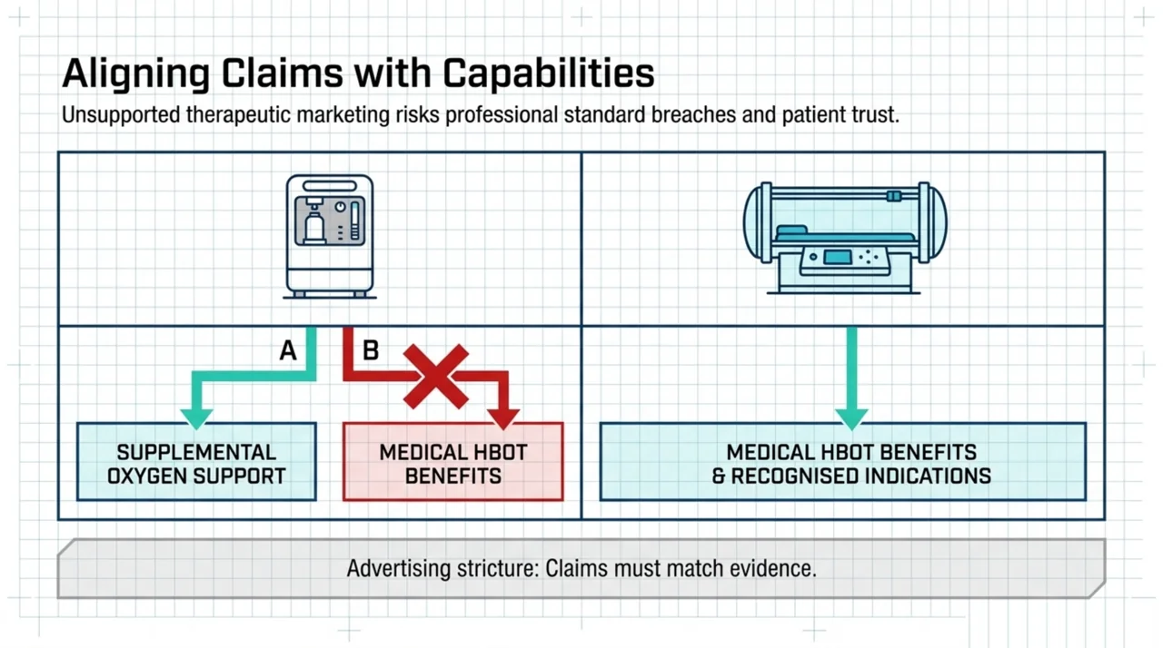 Flow diagram showing an oxygen concentrator supports supplemental oxygen only while a hyperbaric chamber supports recognised medical HBOT, with claims required to match evidence