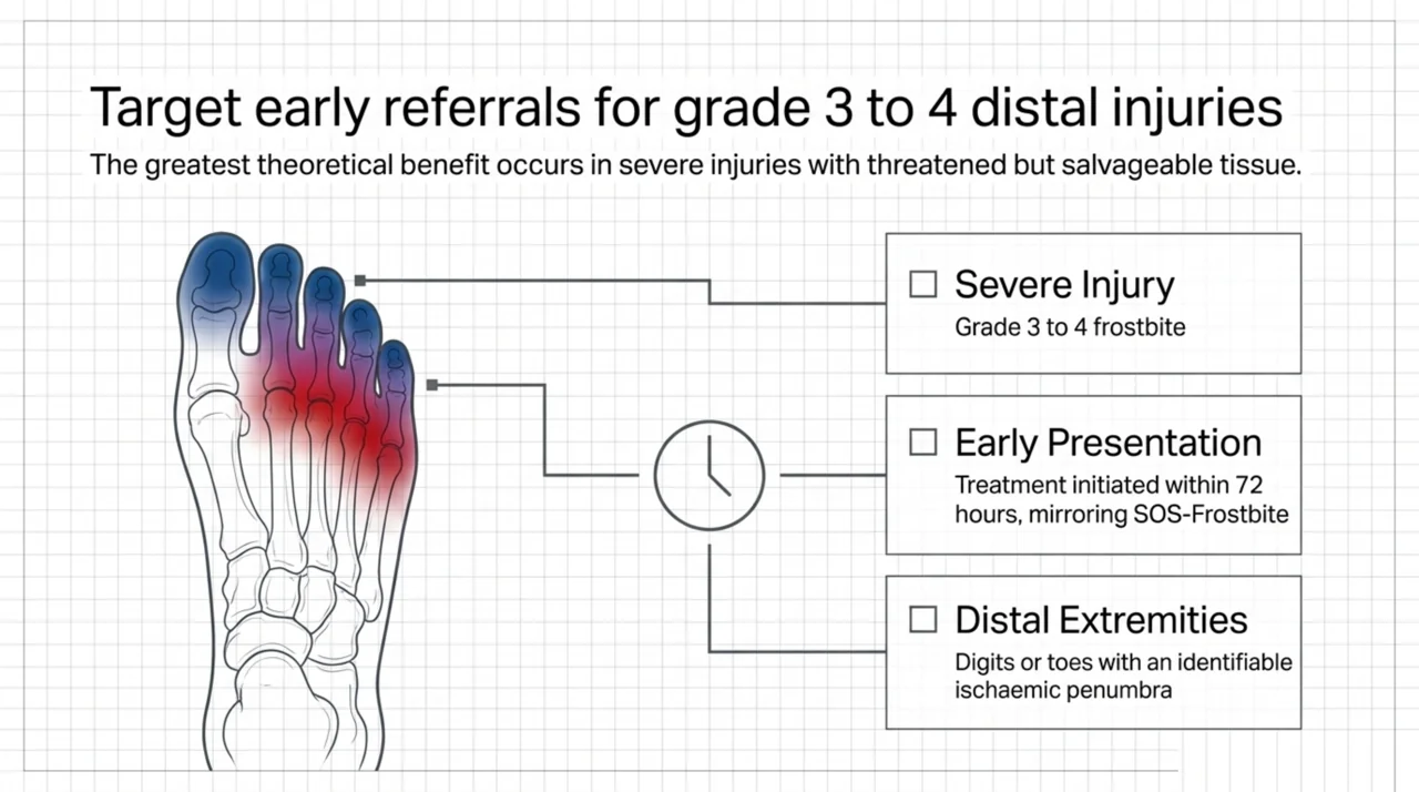 The greatest theoretical benefit is in severe grade 3 to 4 frostbite presenting early, within about 72 hours, with distal digits or toes that have threatened but salvageable tissue.