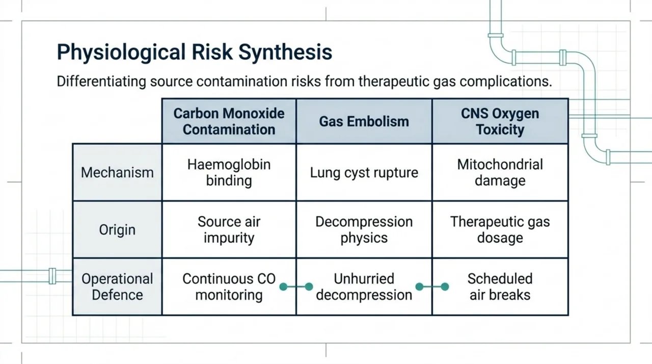 Comparison table of three hyperbaric gas risks: carbon monoxide contamination, gas embolism, and central nervous system oxygen toxicity, with their mechanisms and defences.