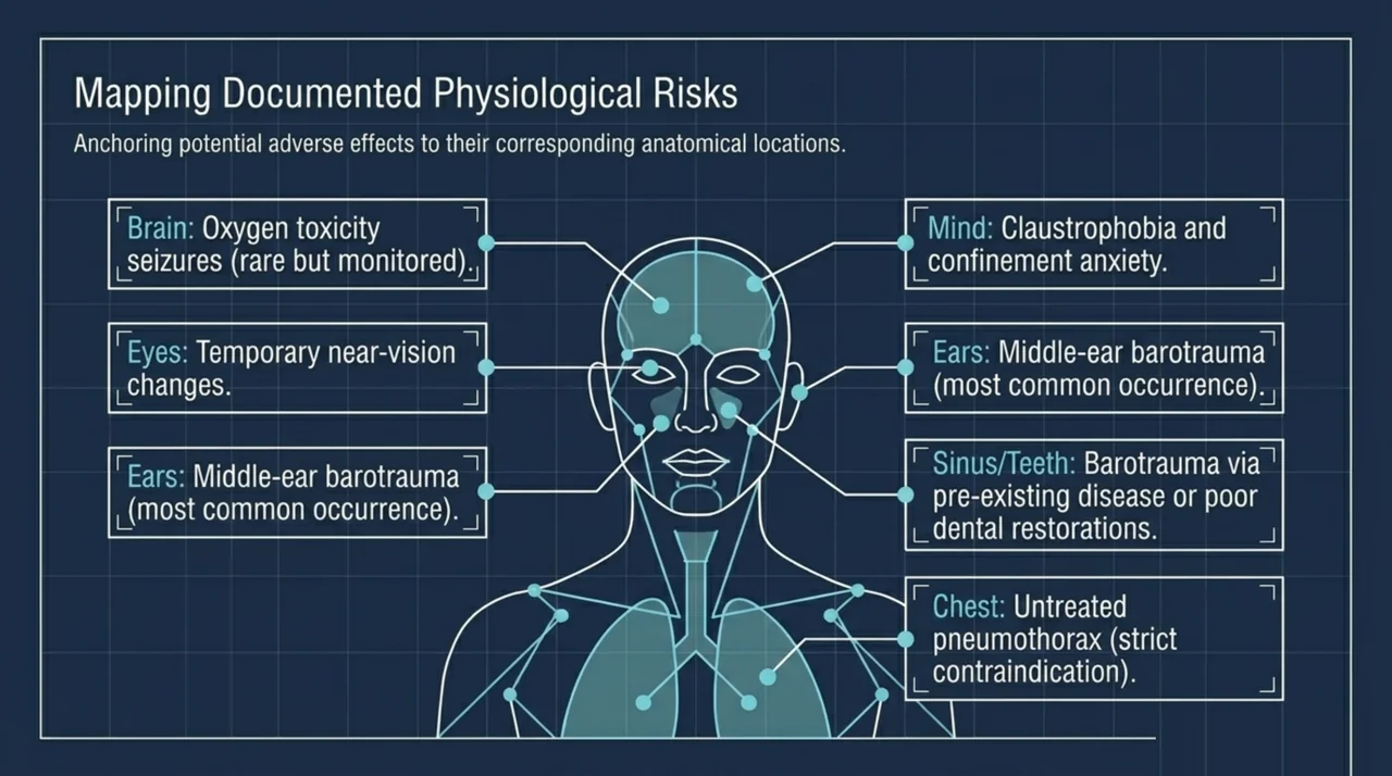 Anatomical map of HBOT physiological risks: brain (oxygen toxicity seizures), eyes (temporary near-vision changes), ears (middle-ear barotrauma), sinus and teeth (barotrauma), and chest (pneumothorax as a contraindication)