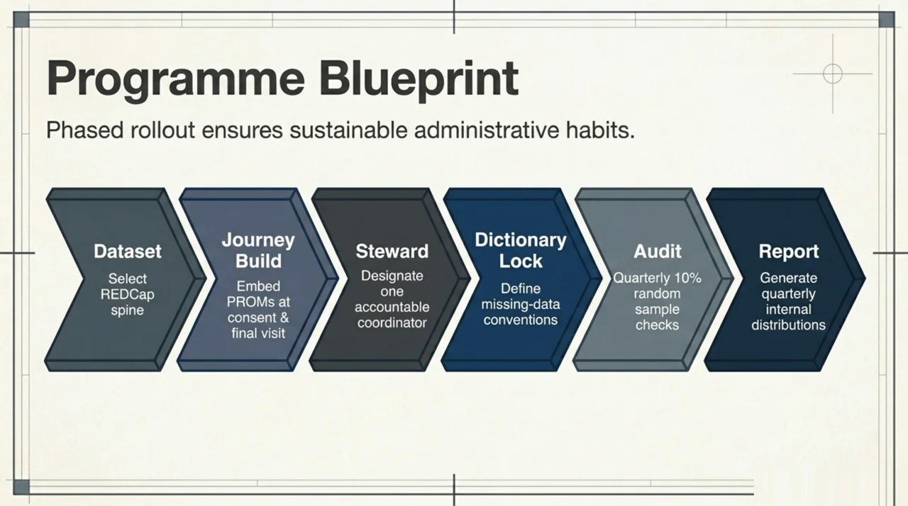 Six-step programme blueprint for HBOT outcomes tracking: dataset, journey build, steward, dictionary lock, audit, and report
