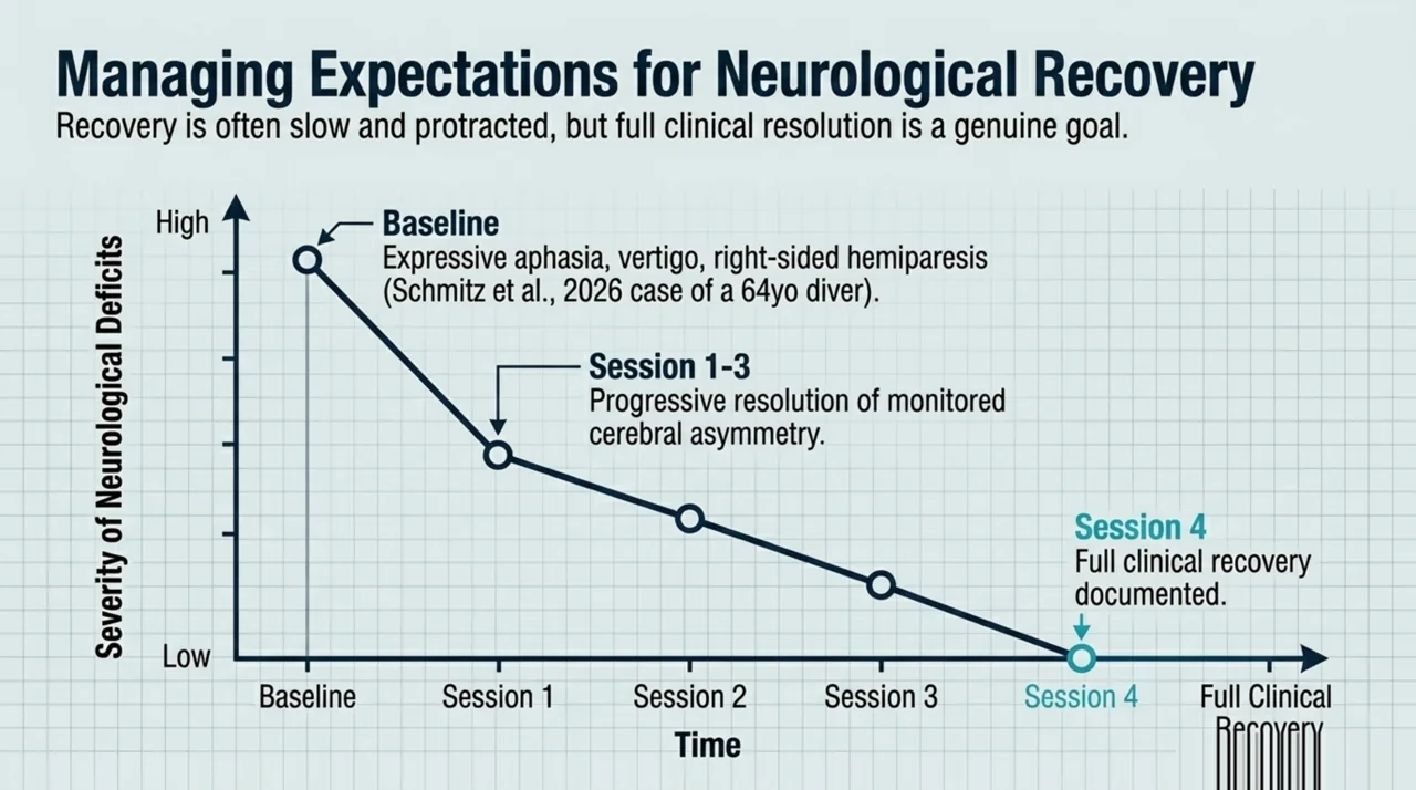 Line chart showing neurological deficits improving across successive hyperbaric sessions toward full clinical recovery, based on a reported case of a diver.