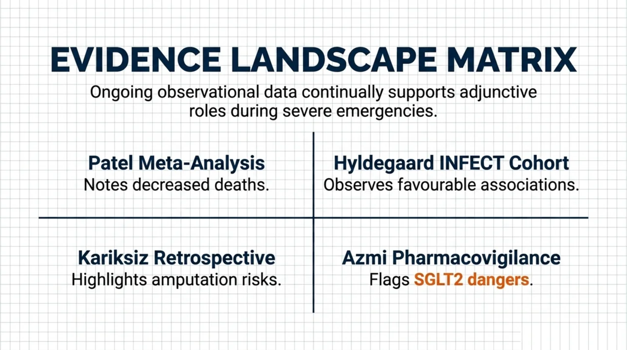 Evidence-at-a-glance matrix: Patel meta-analysis (fewer deaths), Hyldegaard INFECT cohort (favourable associations), Kariksiz retrospective (amputation risk), Azmi pharmacovigilance (SGLT2 signal).