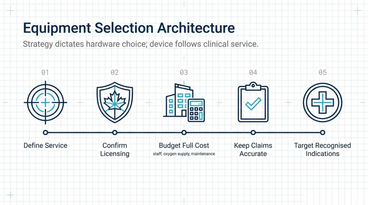 Five-step equipment selection process: define service, confirm licensing, budget full cost, keep claims accurate, target recognised indications