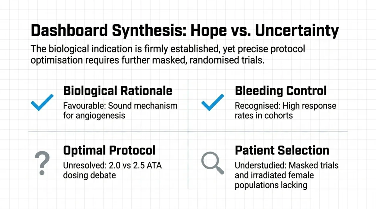 Synthesis of the evidence: the biological rationale and bleeding-control response are recognised, while the optimal pressure protocol and patient selection remain understudied.