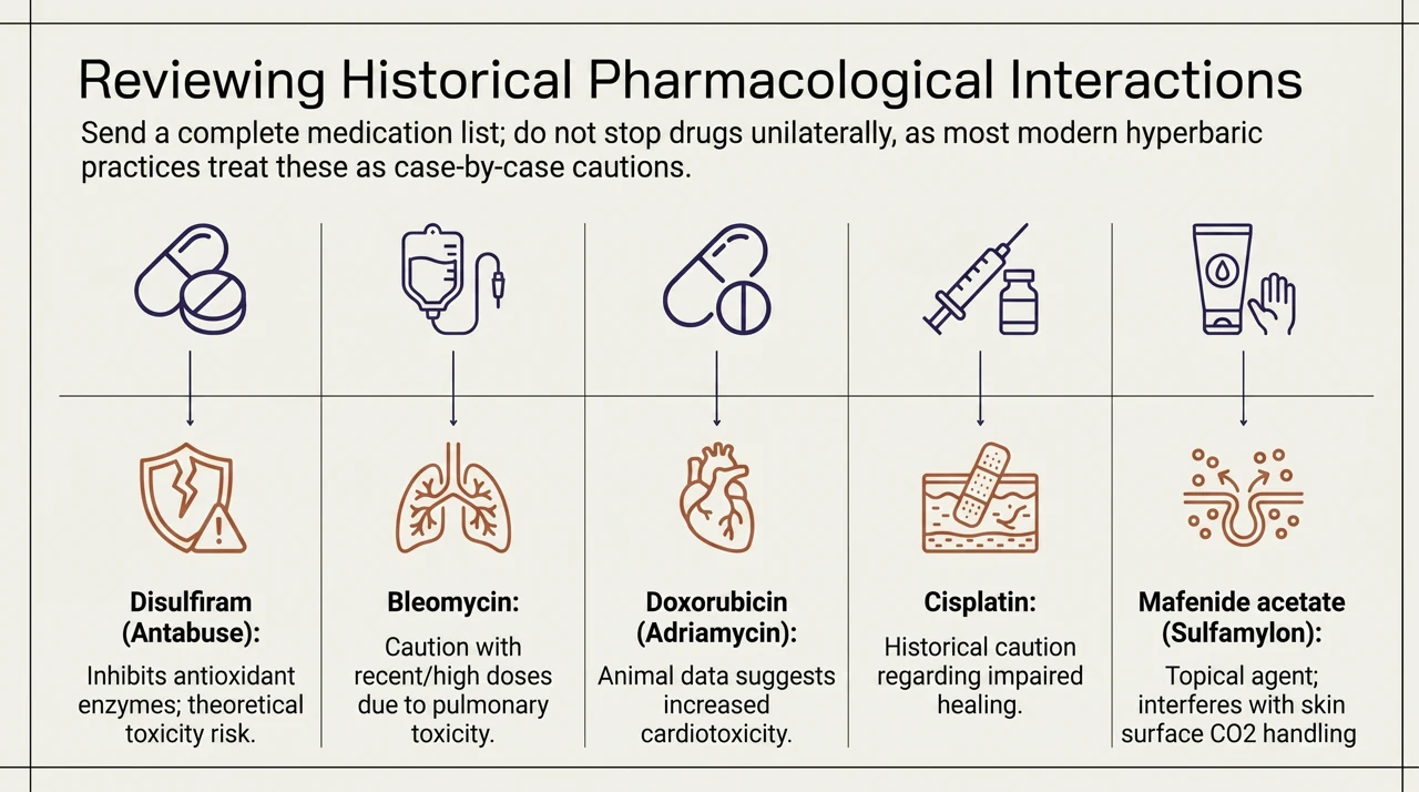 Chart of medications historically flagged with hyperbaric oxygen therapy, treated as case-by-case cautions: disulfiram, bleomycin, doxorubicin, cisplatin, and mafenide acetate.