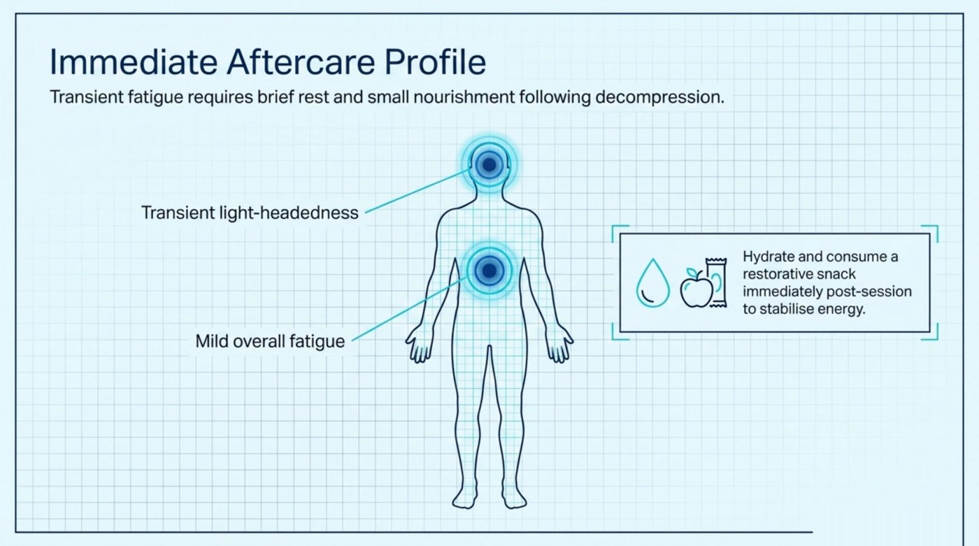 Immediately after a session: transient light-headedness and mild fatigue are common; rest briefly and hydrate with a small restorative snack to steady your energy.