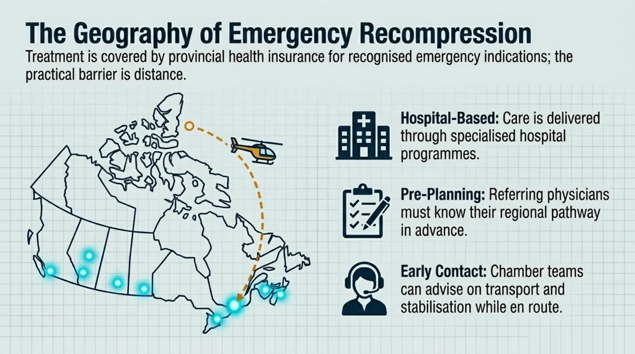 Map of Canada illustrating that emergency recompression is delivered through specialised hospital programmes, with distance the main practical barrier and early chamber contact advised.