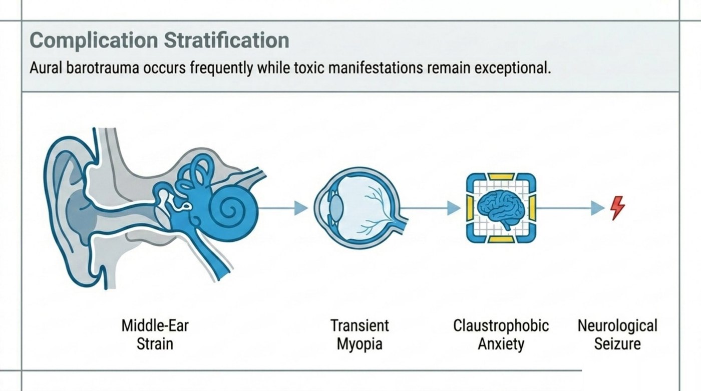 HBOT side-effect frequency: middle-ear barotrauma is most common, transient myopia occurs on long courses, claustrophobic anxiety is occasional, and oxygen-toxicity seizures are rare.