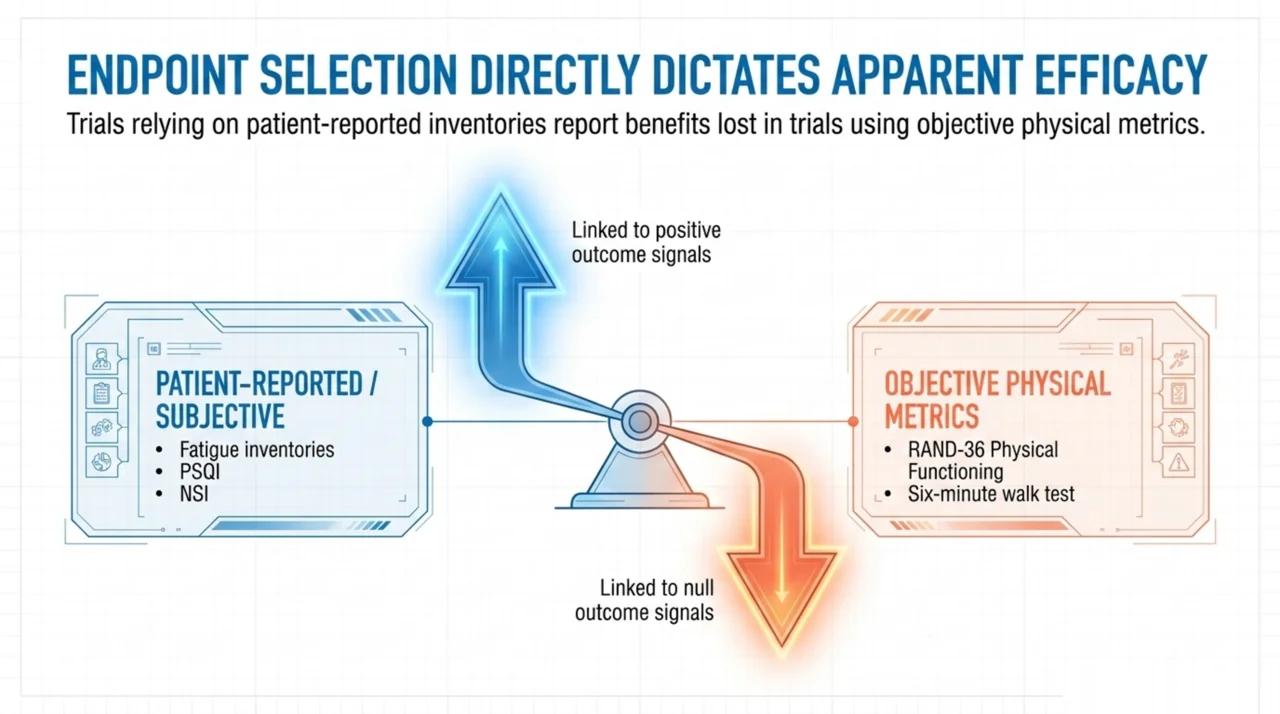 Diagram showing patient-reported measures such as PSQI and NSI link to positive signals while objective metrics such as RAND-36 physical functioning and the six-minute walk test link to null results