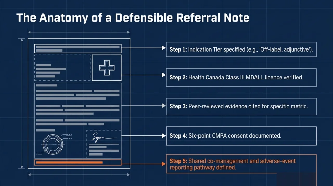 Annotated anatomy of a defensible HBOT referral note showing the five required elements.