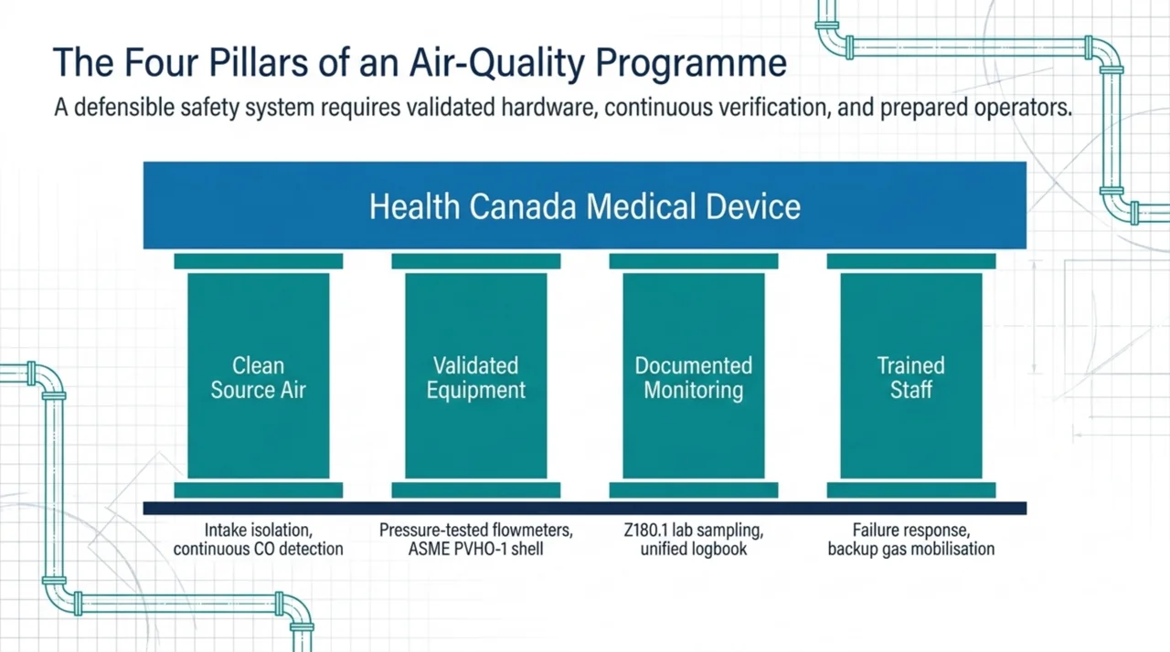 Diagram of the four pillars of a hyperbaric air-quality programme: clean source air, validated equipment, documented monitoring, and trained staff, under Health Canada licensing.