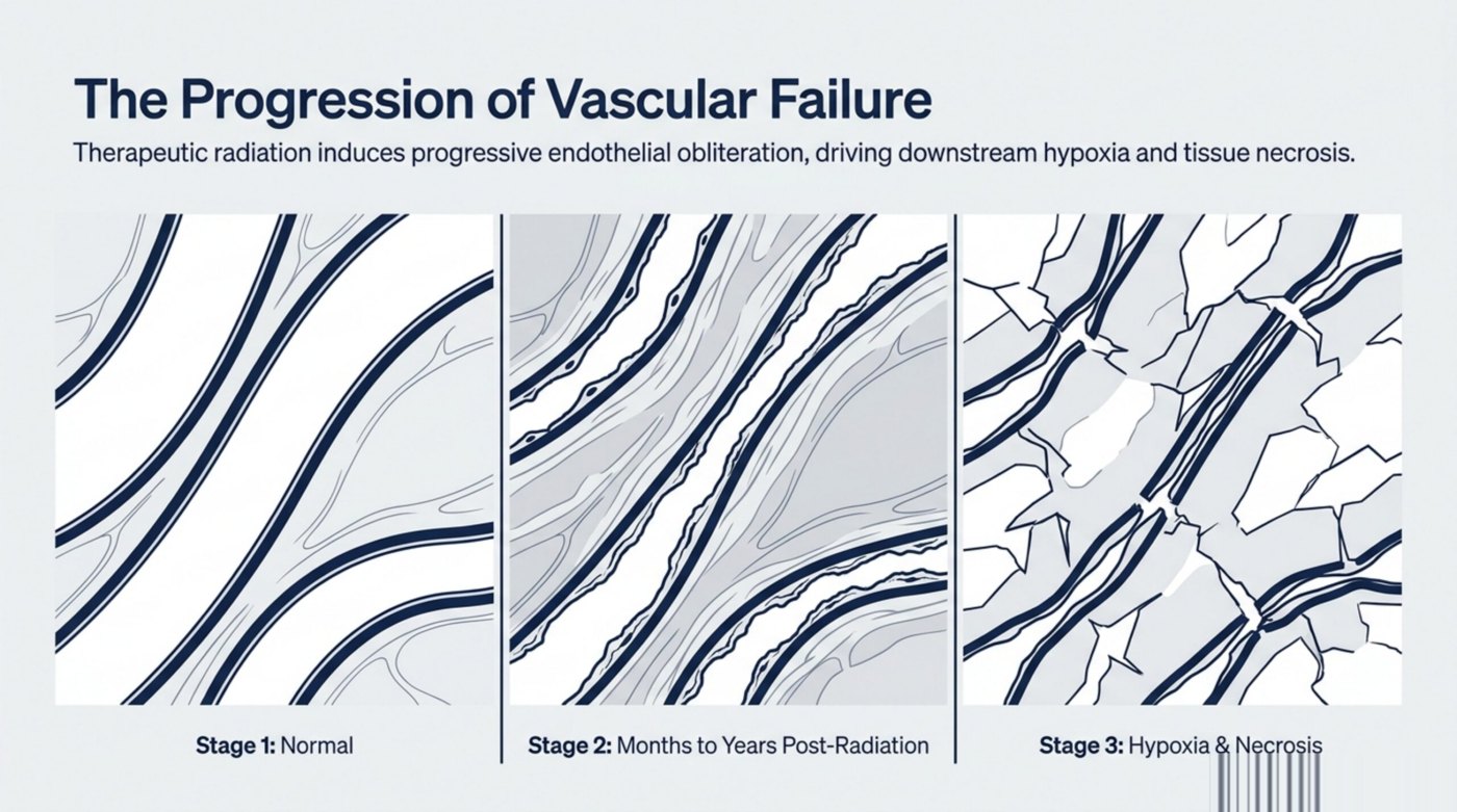 How delayed radiation injury develops: radiation obliterates the small blood vessels in the treatment field, leaving the downstream tissue hypoxic, fibrotic, and eventually necrotic.