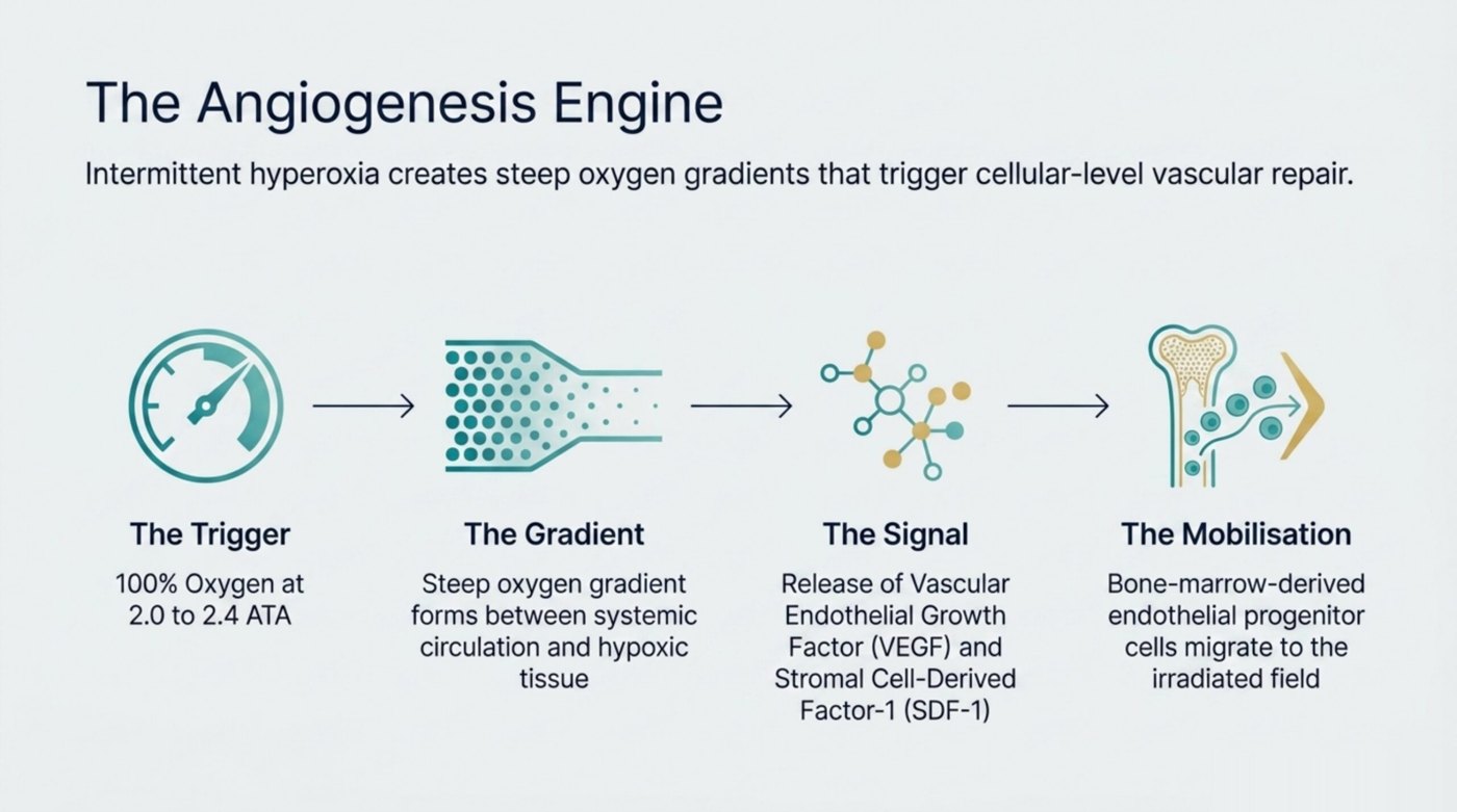 How HBOT heals radiation-damaged tissue: at 2.0 to 2.4 ATA, intermittent hyperoxia drives VEGF and SDF-1 release, recruiting endothelial progenitor cells to grow lasting new blood vessels.