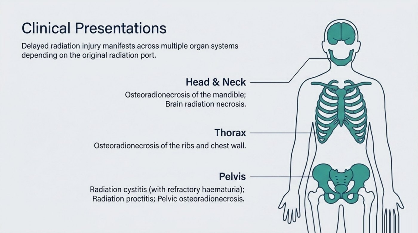 Delayed radiation injury by body site: mandible (osteoradionecrosis), bladder (radiation cystitis), rectum (radiation proctitis), ribs and chest wall, pelvis, brain, and irradiated soft tissue.