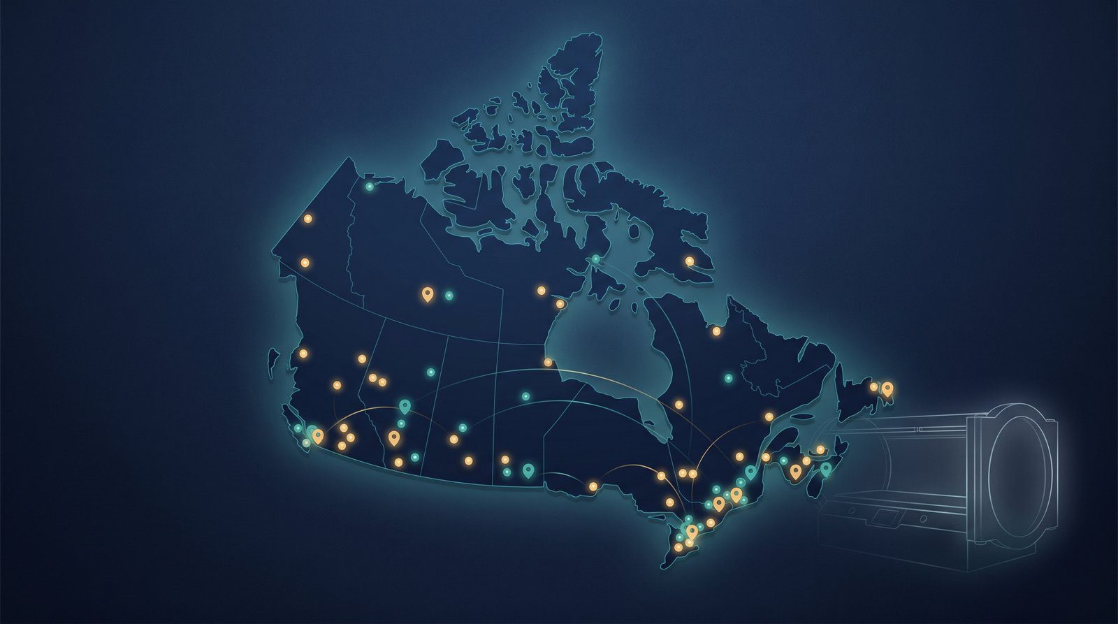 Stylised map of Canada showing hyperbaric oxygen therapy facility locations across the provinces