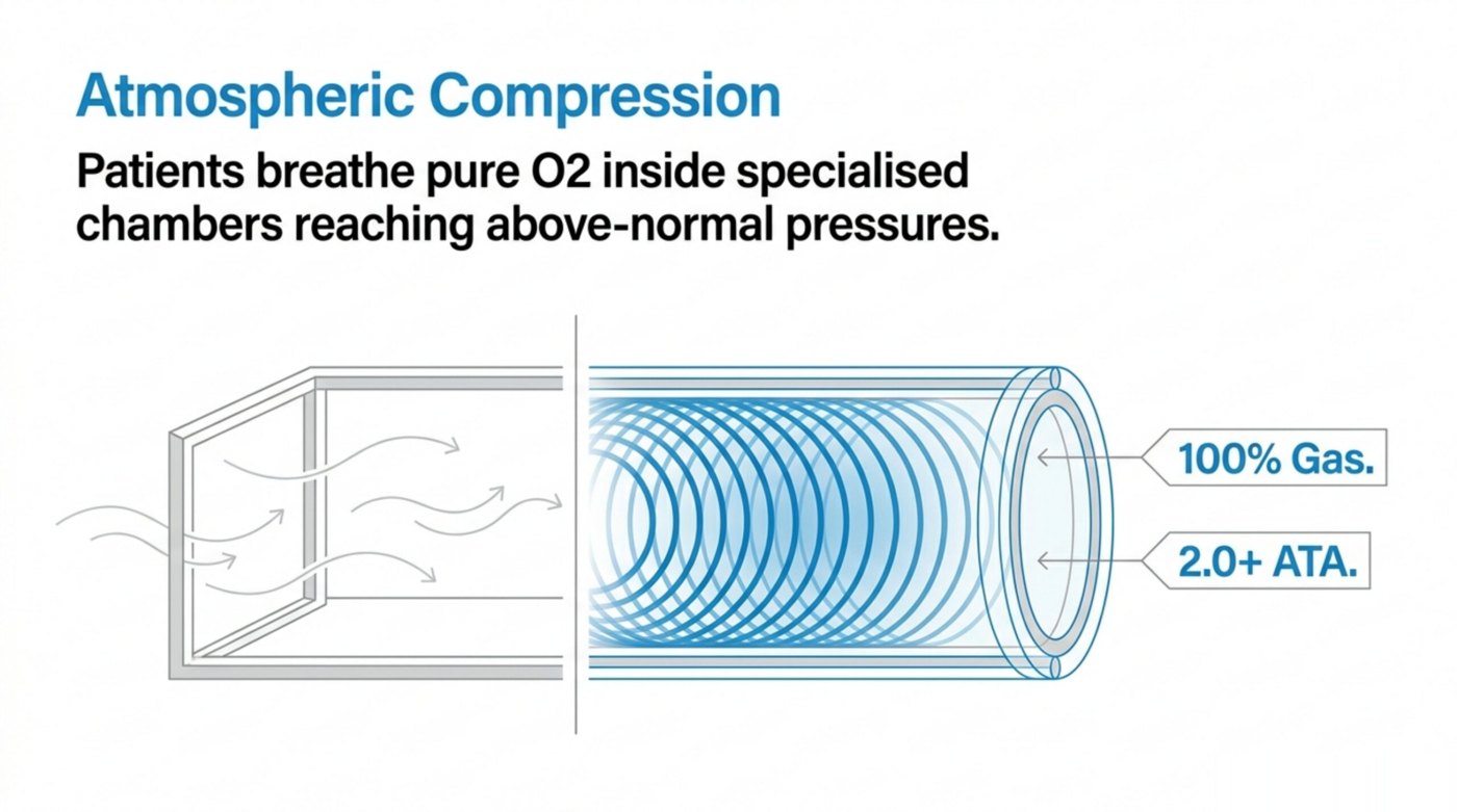Hyperbaric oxygen therapy: patients breathe 100% oxygen inside a specialised chamber pressurised to 2.0 or more atmospheres.