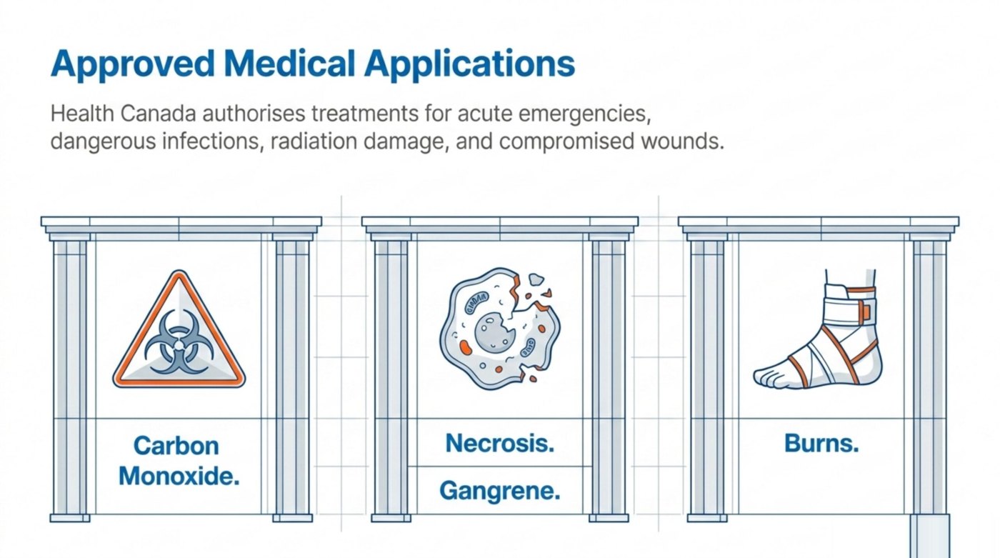Health Canada recognises HBOT for acute emergencies, dangerous infections, radiation damage, and compromised wounds (carbon monoxide poisoning, necrosis and gangrene, burns).