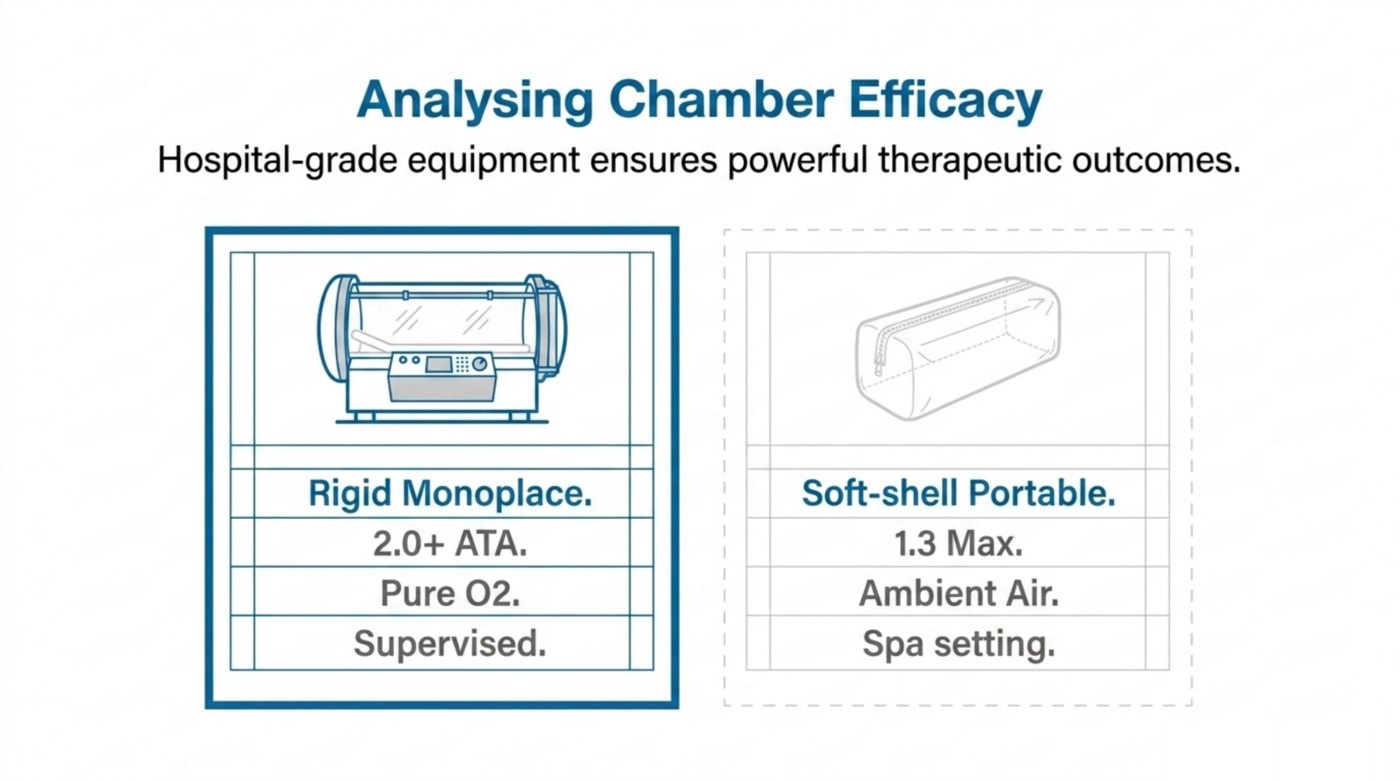 Clinical HBOT uses rigid, hard-shell chambers at 2.0+ ATA with pure oxygen; soft-shell portable chambers (about 1.3 ATA, ambient air) are not equivalent.