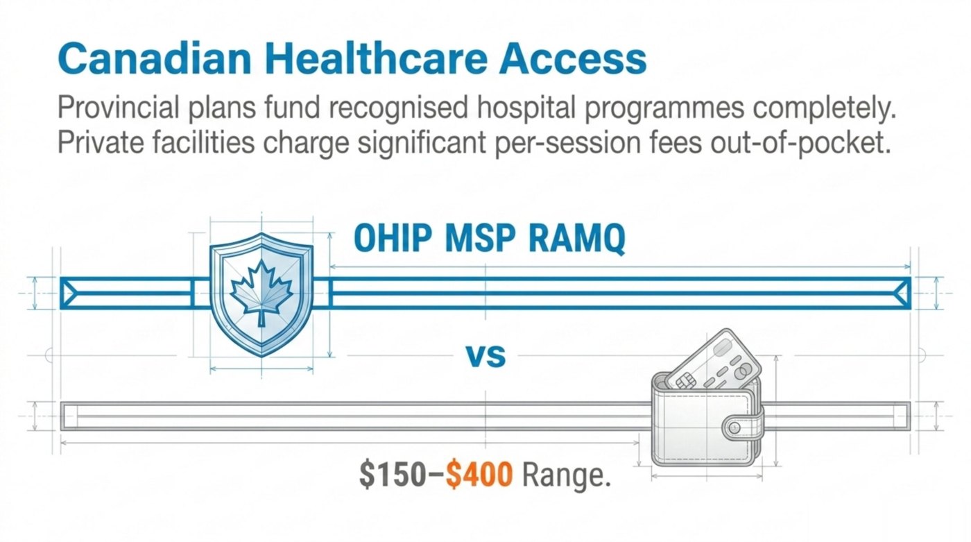 In Canada, provincial plans (OHIP, MSP, RAMQ) fully fund HBOT at hospital programmes; private clinics charge roughly $150 to $400 per session out-of-pocket.