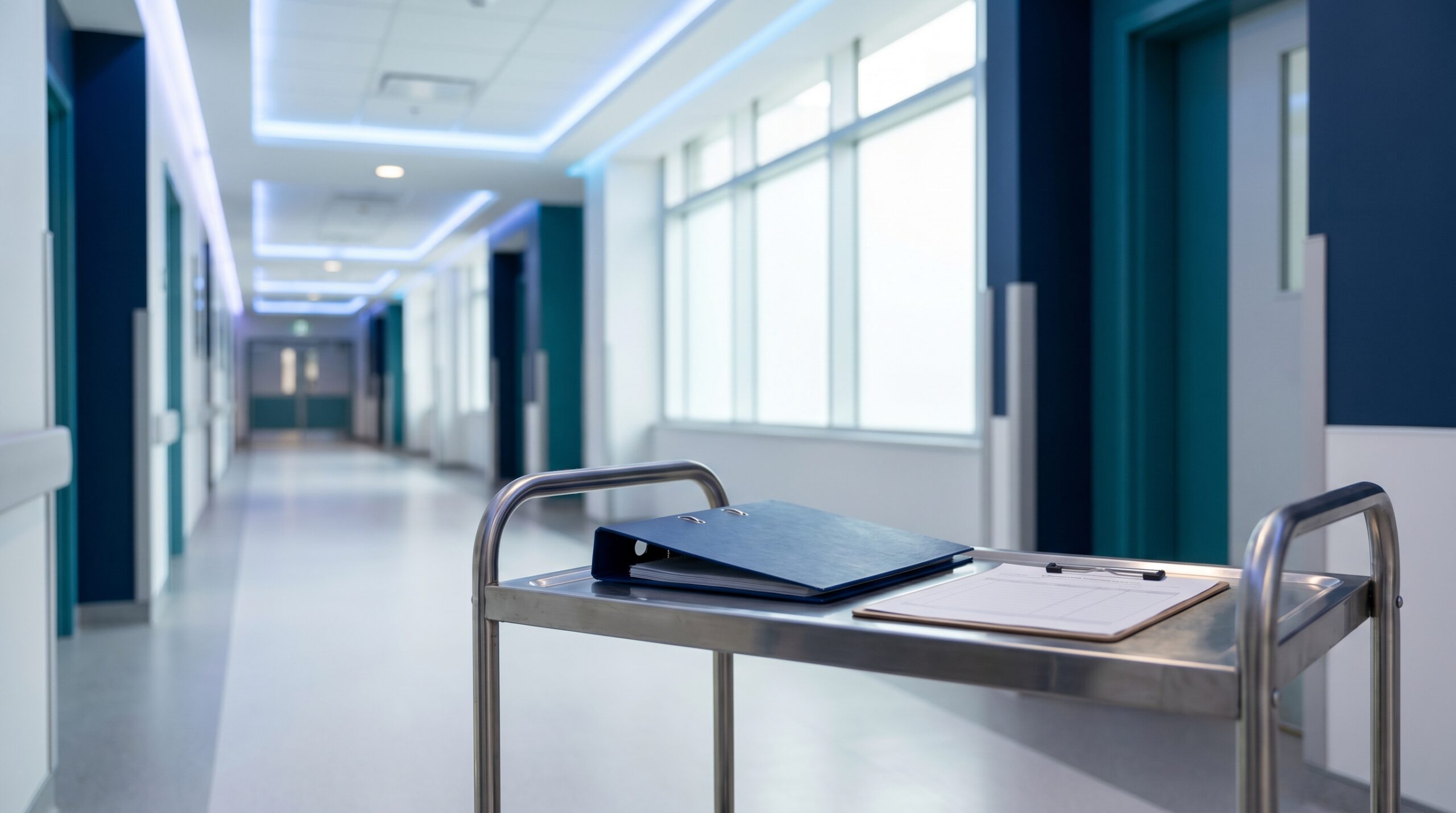 Canadian hospital corridor with a safety operations binder and clipboard on a stainless steel cart, daylight, no people