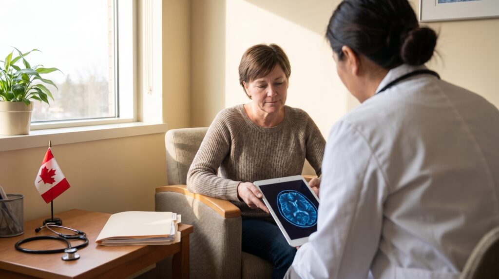 An adult patient in a Canadian hospital consultation room reviewing brain imaging on a tablet with a healthcare provider, illustrating discussion of HBOT for traumatic brain injury