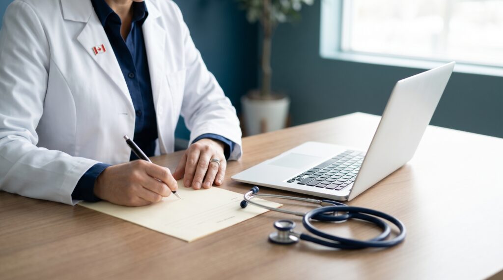 Canadian physician writing an HBOT referral note on a clean clinic desk beside a laptop and stethoscope