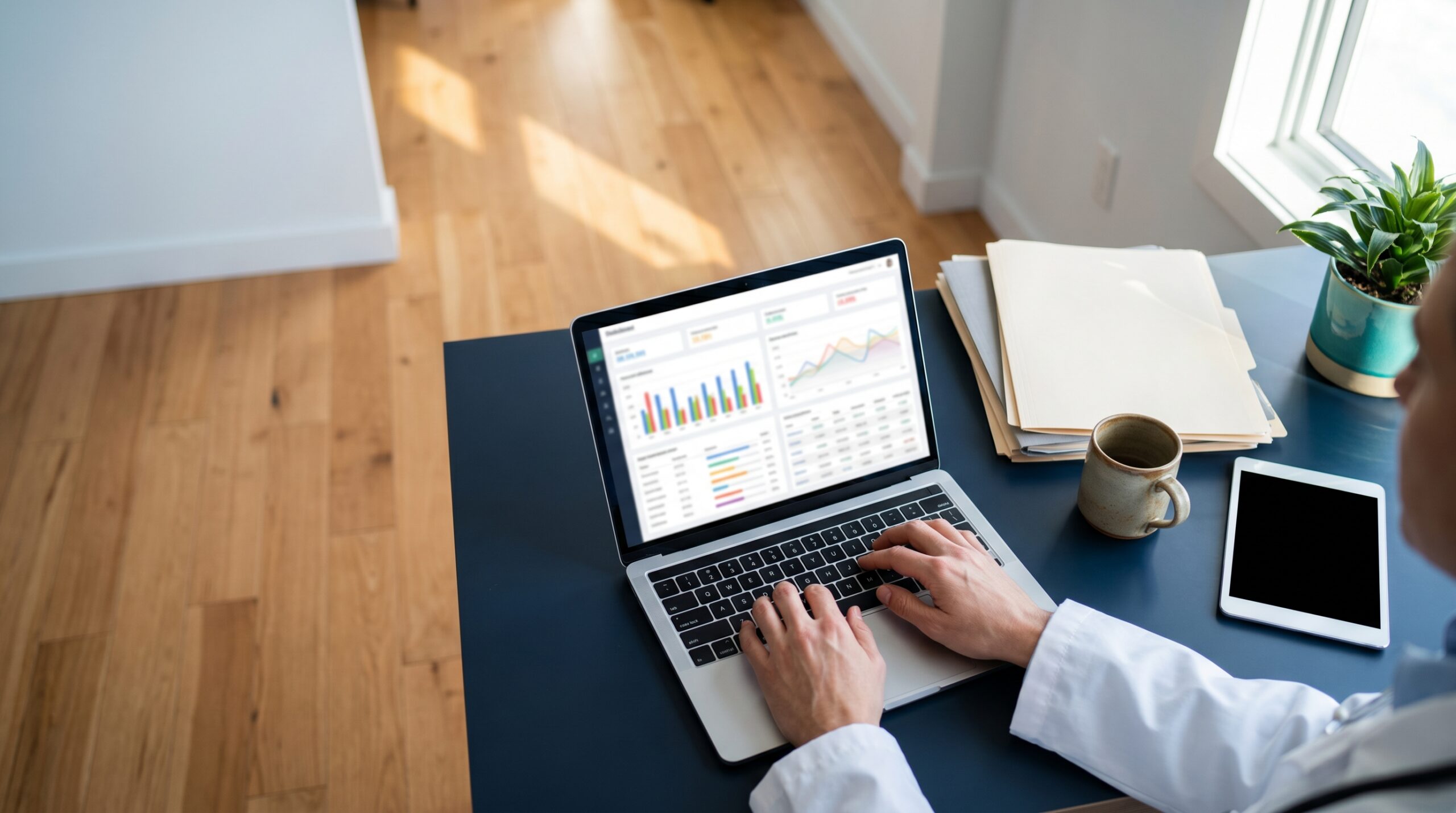 Clinician at a wooden desk reviewing patient outcomes data on a laptop in a Canadian hyperbaric clinic administration office, with paper charts and a coffee mug nearby