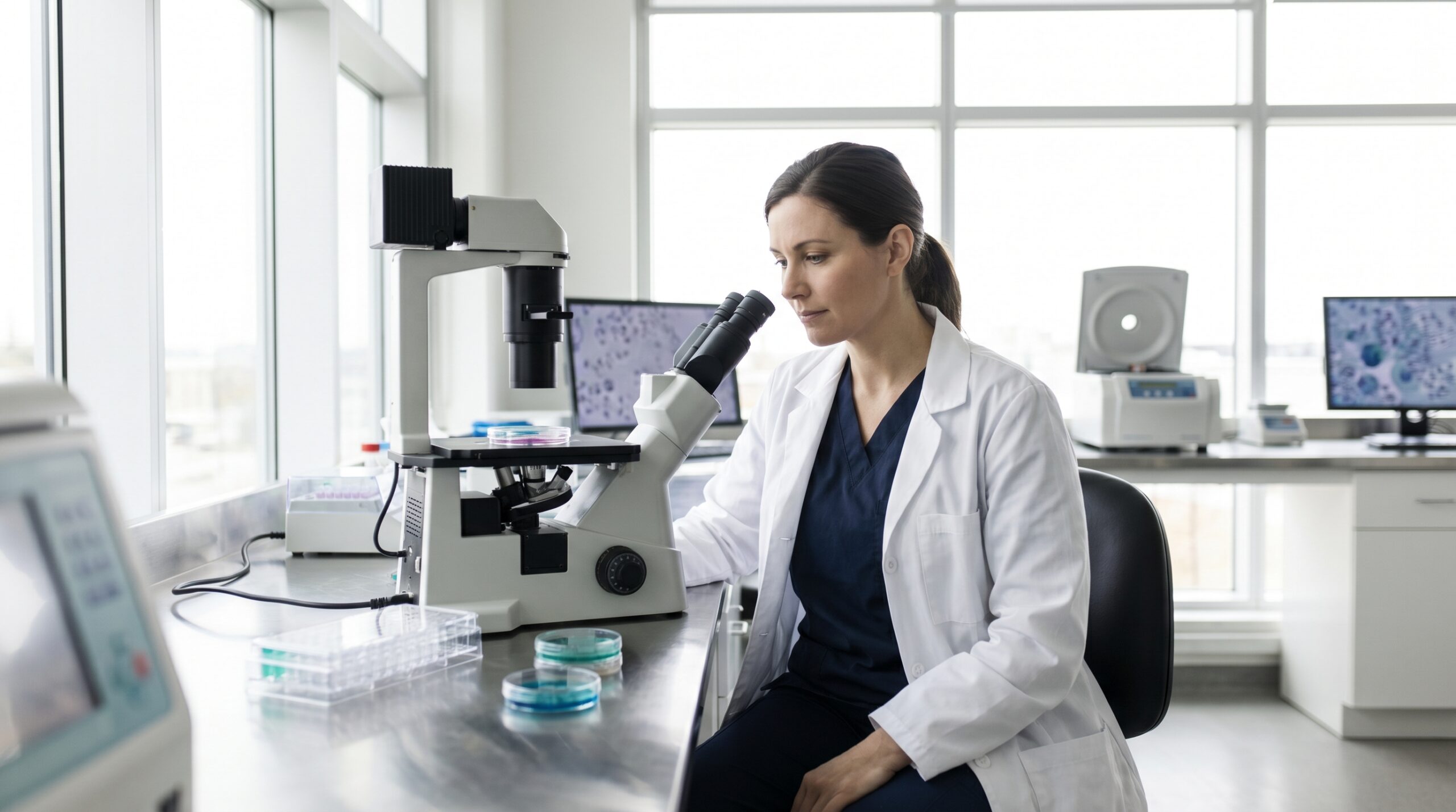 Medical researcher examining cell-culture samples under a microscope in a modern Canadian laboratory studying wound healing