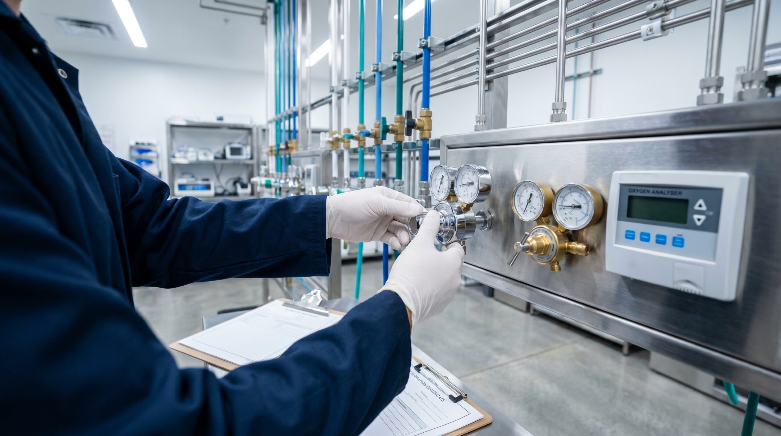 Biomedical technician calibrating an oxygen analyser and inspecting pressure regulators on a hyperbaric oxygen therapy support system in a Canadian hospital equipment room