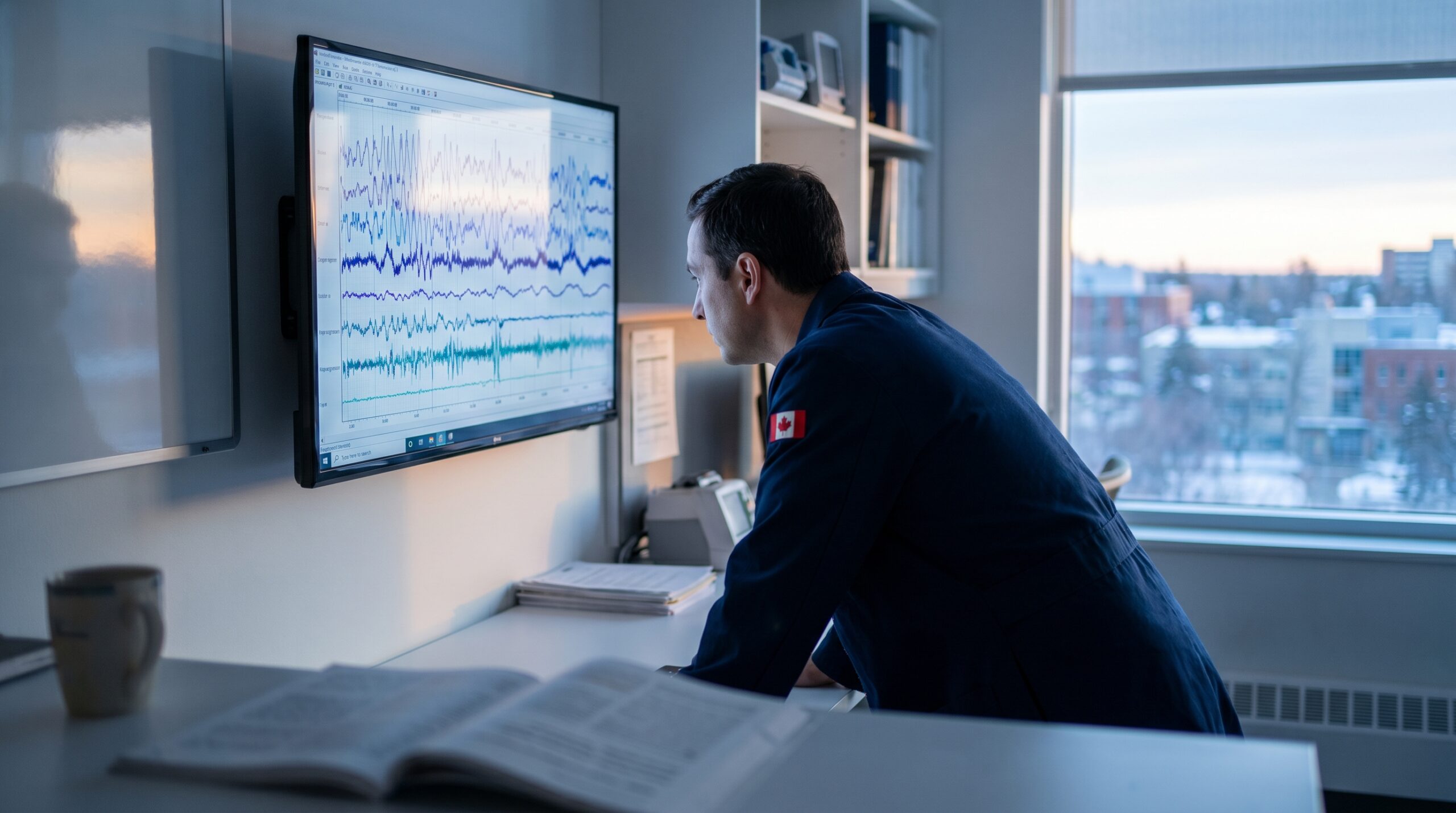 Canadian sleep medicine researcher reviewing polysomnography data in an academic sleep laboratory at pre-dawn