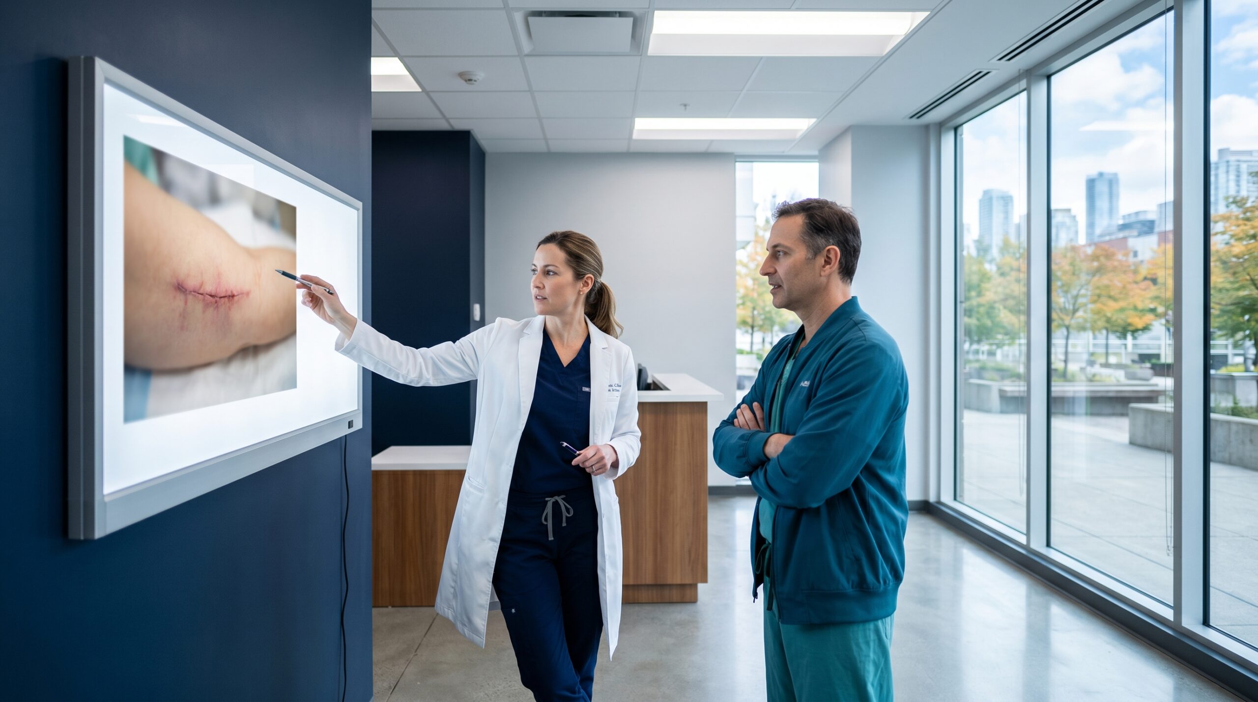 Two Canadian surgeons in scrubs and a white clinical coat discussing a surgical wound case in a bright modern hospital outpatient surgical clinic, daylight from large windows, navy and teal brand palette