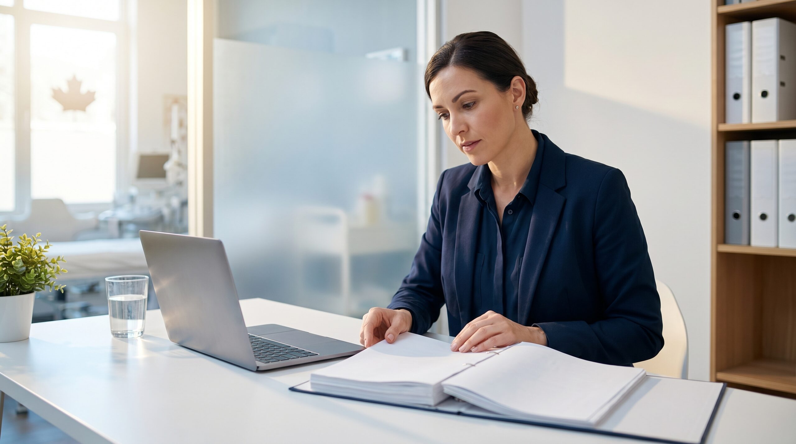 Canadian healthcare administrator reviewing compliance binder for Health Canada hyperbaric chamber medical device licensing in 2026