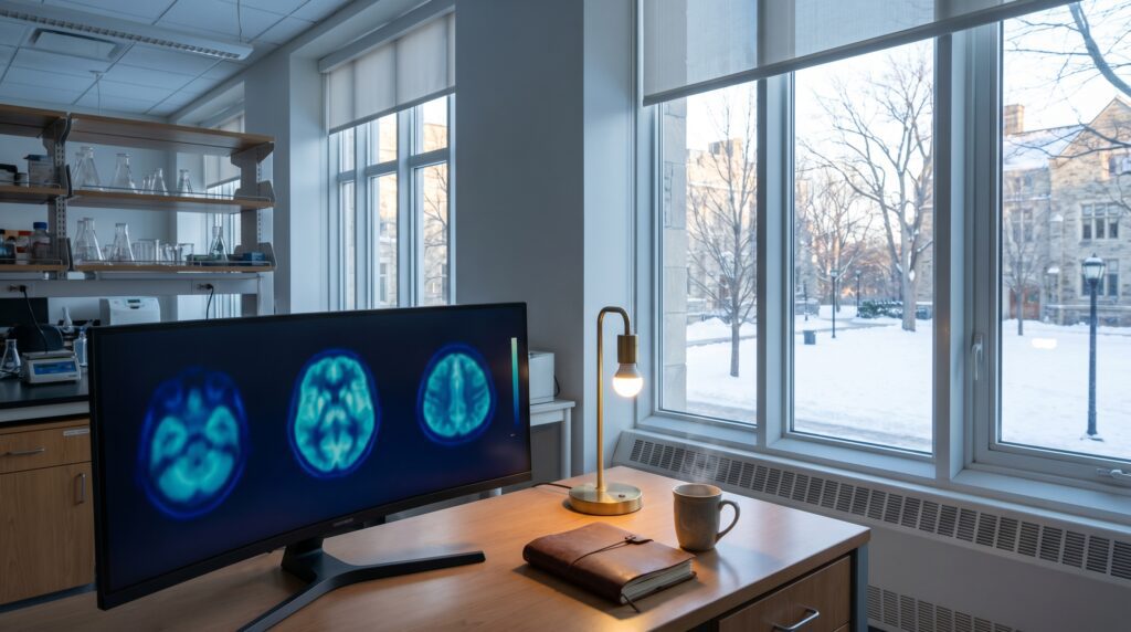 Neuroscience research workstation showing brain imaging data, conveying evidence-based HBOT research scholarship