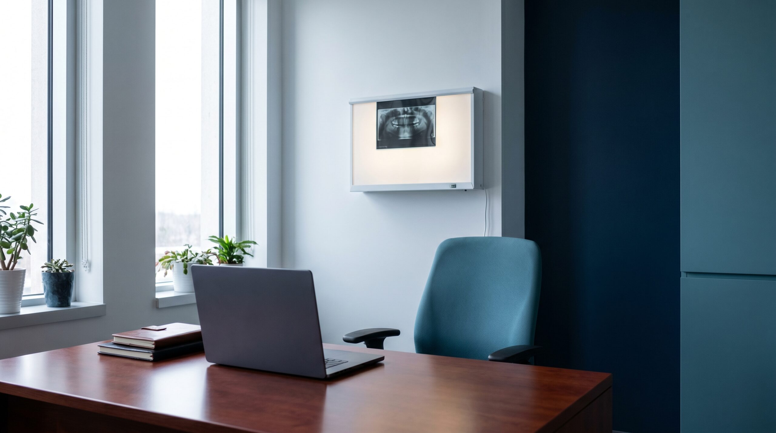 Quiet, daylight-lit Canadian maxillofacial oncology consultation room with a dental panoramic radiograph displayed on a wall lightbox, conveying multidisciplinary HBOT referral care