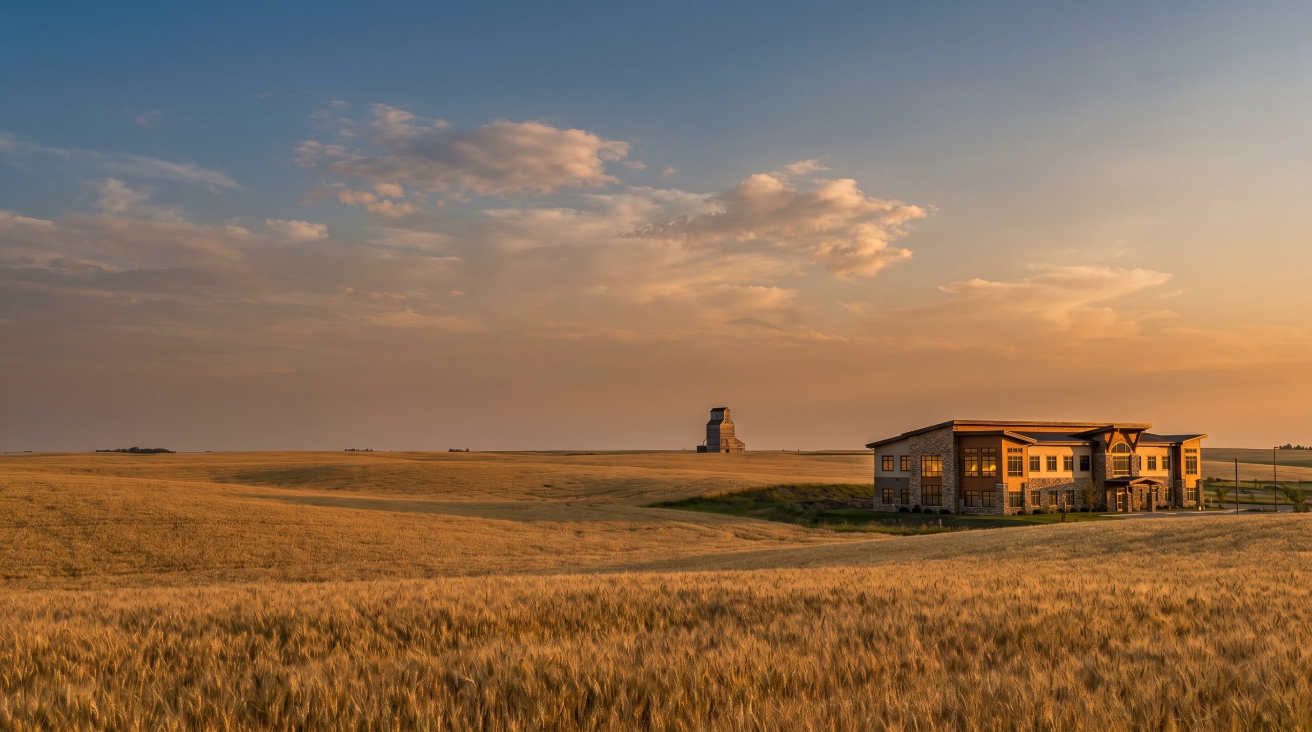 Saskatchewan prairie at golden hour with a regional hospital in the middle distance, representing access to hyperbaric oxygen therapy across the province