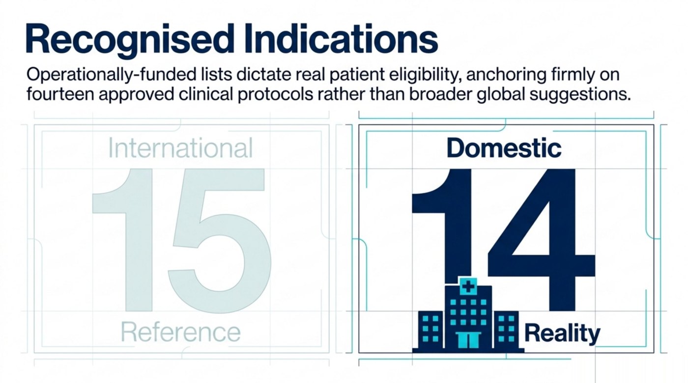 Two indication lists: the UHMS international manual lists fifteen recognised indications; Canada's operationally-funded hospital list covers fourteen.