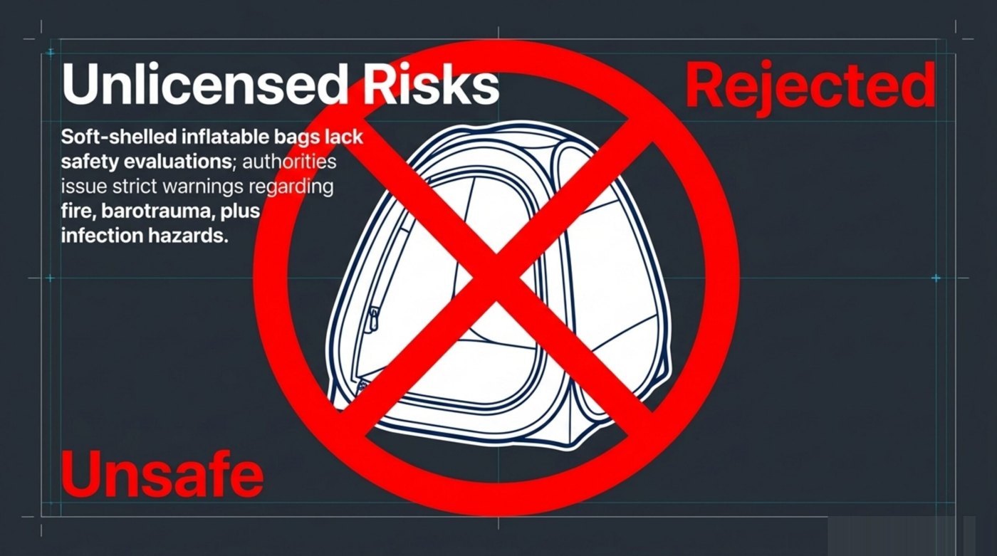 Health Canada has not licensed soft-shelled or inflatable hyperbaric chambers and warns they risk fire, barotrauma, and infection; only hard-shell chambers hold valid Medical Device Licences.