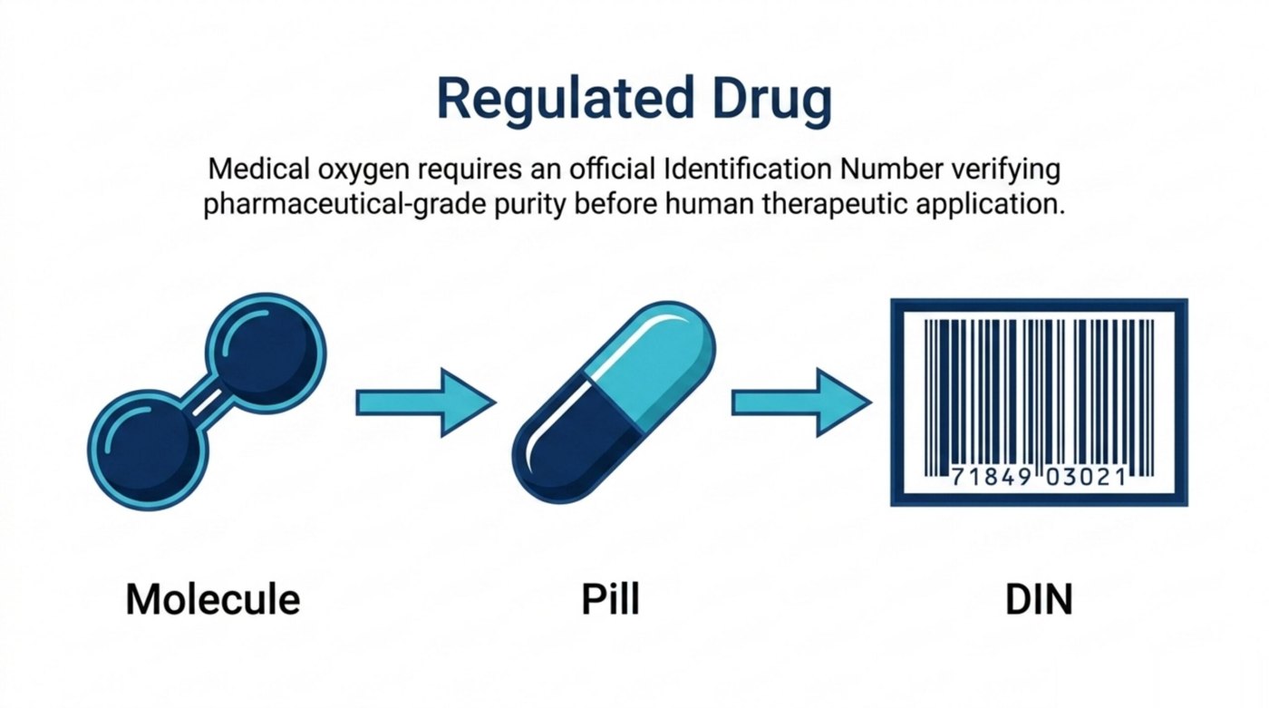 Medical oxygen is a regulated drug in Canada, requiring a Drug Identification Number (DIN) that verifies pharmaceutical-grade purity before therapeutic use.
