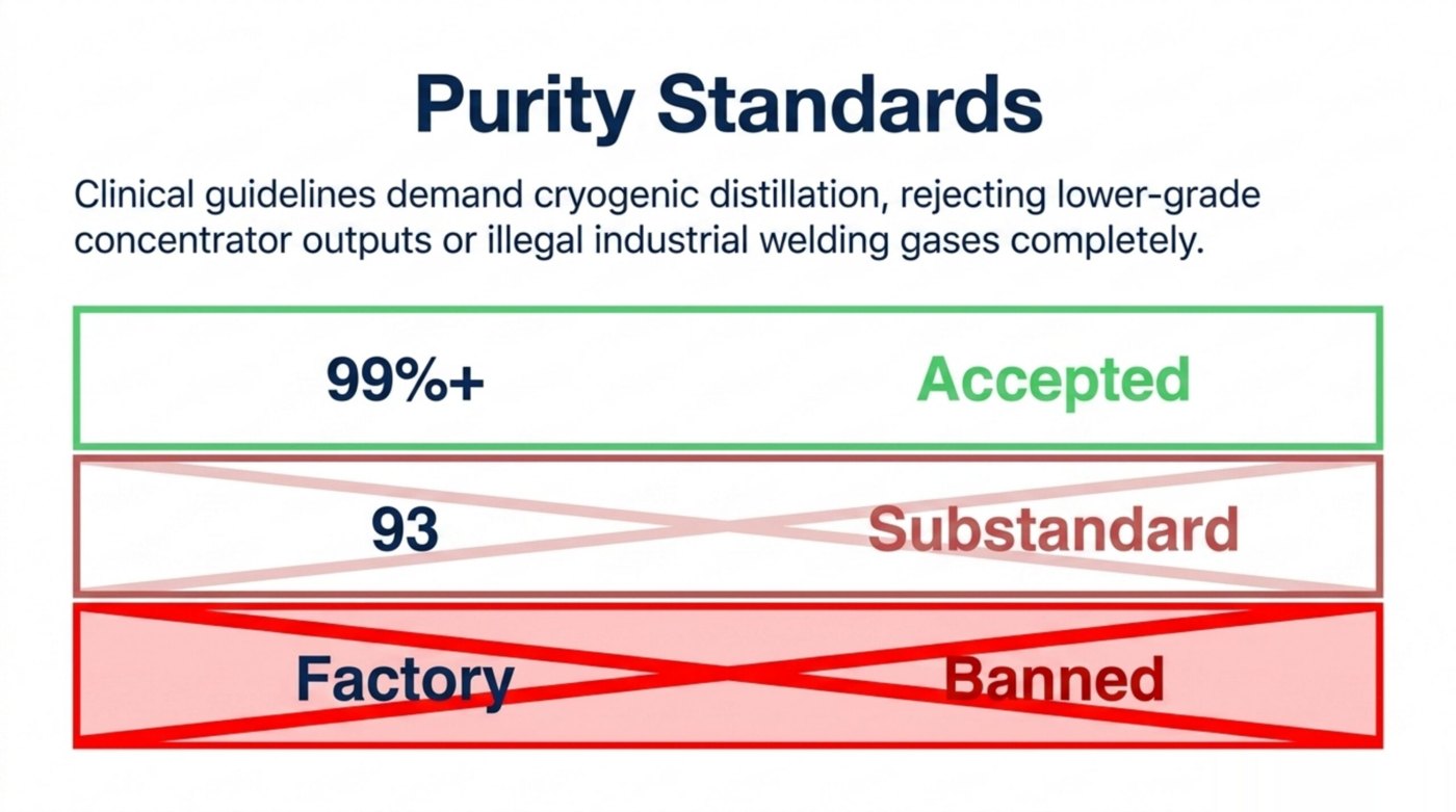 Medical oxygen purity: 99%+ pharmaceutical-grade is accepted; 93% concentrator oxygen is substandard; industrial factory gas is banned for HBOT.