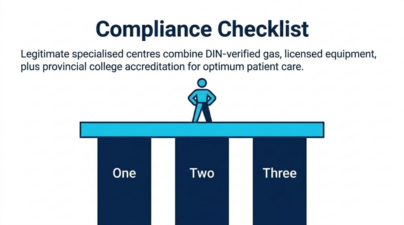 A compliant Canadian HBOT centre combines DIN-verified medical oxygen, Health Canada-licensed equipment, and provincial college accreditation.