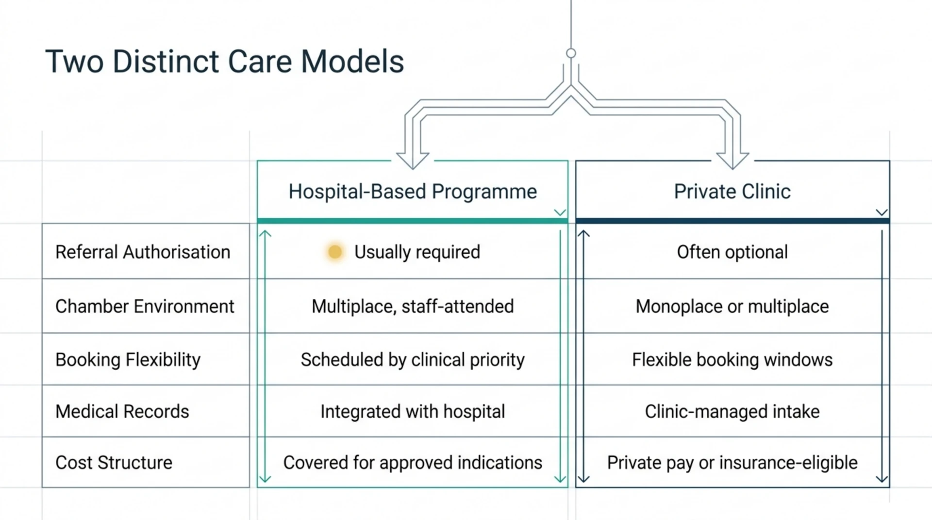Table comparing hospital-based programs and private hyperbaric oxygen clinics across referral, chamber type, booking, records and cost